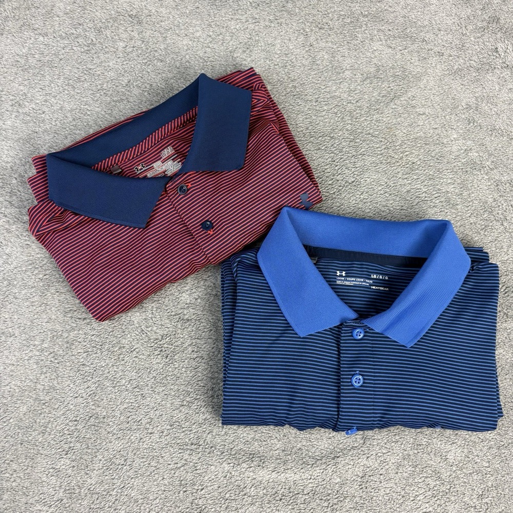 2 Under Armour Polo Men XL Red/ Blue Striped Performance Shirt Golf Heat Gear